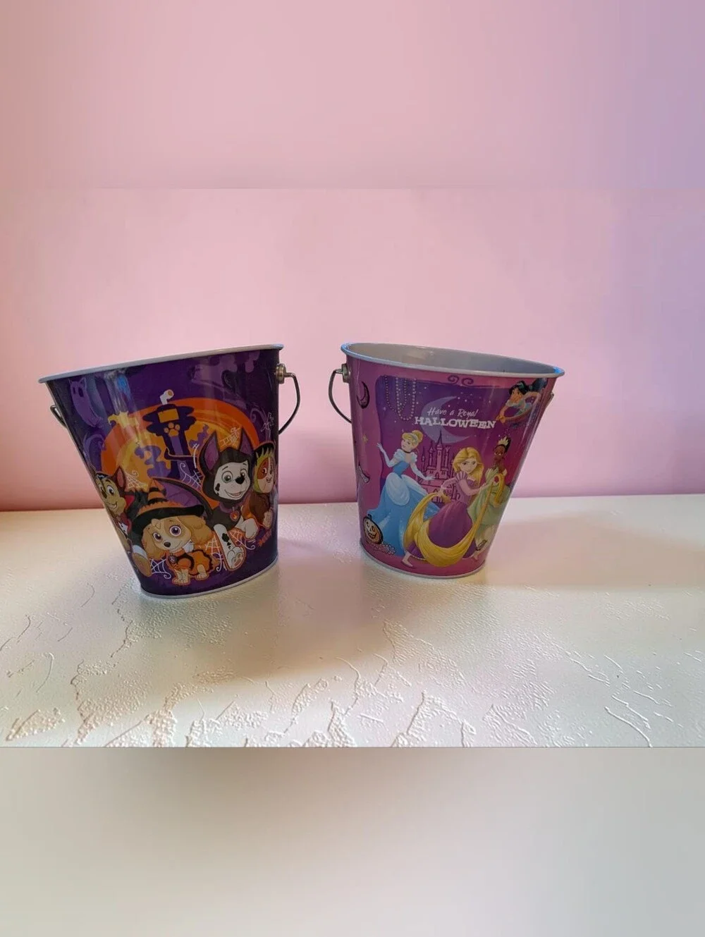 Disney & Paw Patrol Halloween Metal Treat Buckets - Set Of Four